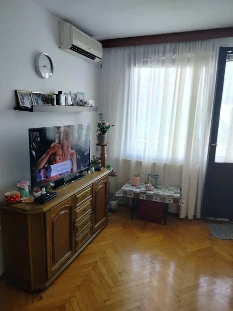 Dnevna soba sa drvenim namještajem, televizorom i parketom.