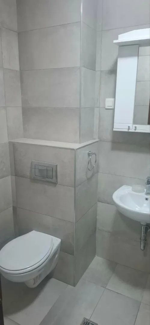 Manje kupatilo sa sijem pločicama, wc šoljom i umivaonikom.