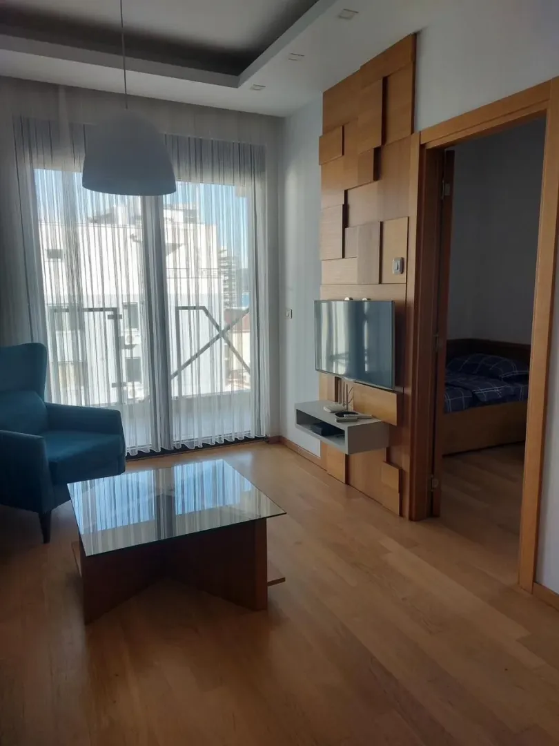 Living room with wooden wall paneling, television, and a view of the terrace.