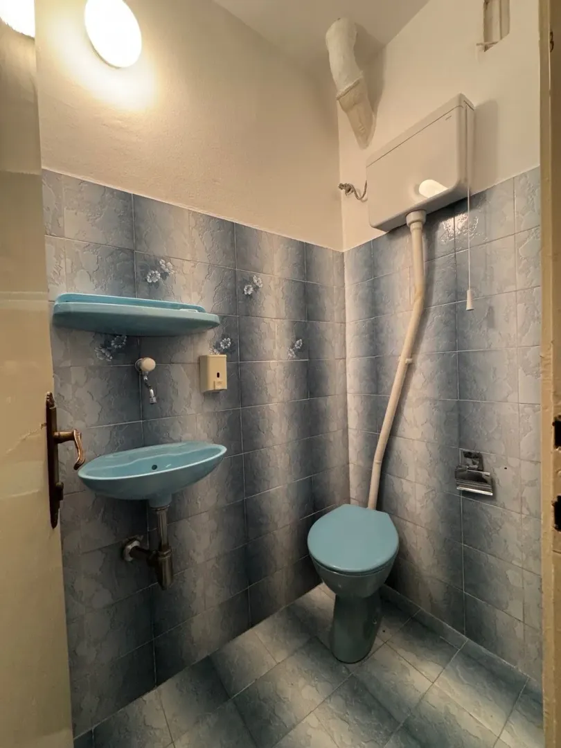 Small bathroom with blue tiles, a washbasin and a toilet.