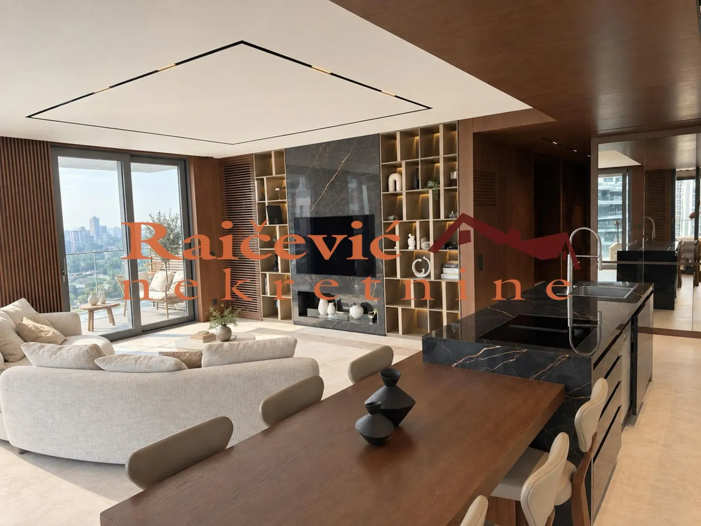 Spacious open-plan living room with dining area, kitchen, and access to the terrace.