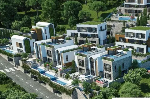 Pogled iz ptičje perspektive na kompleks modernih vila sa bazenima i zelenilom. - image 6