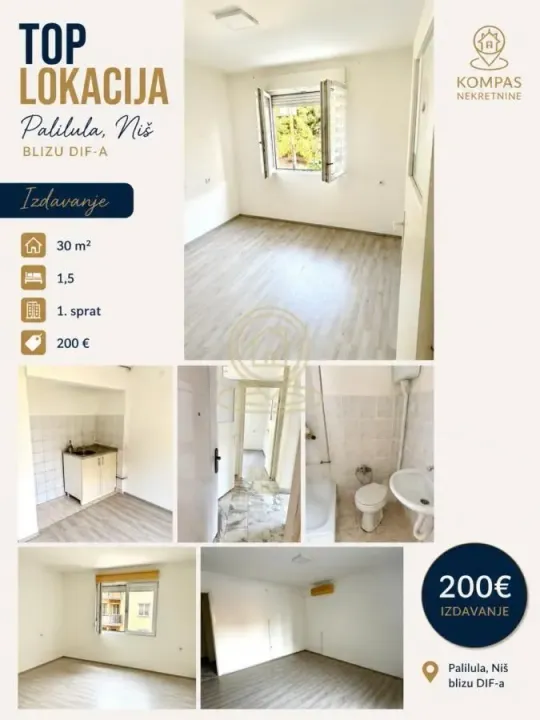 Izdavanje, jednosoban stan, 30m², Palilula, Niš