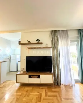 Dnevna soba sa televizorom, drvenom komodom i pogledom na terasu. - image 13