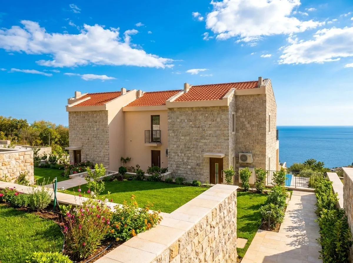 Exterior view of the stone house with a landscaped yard and sea view.