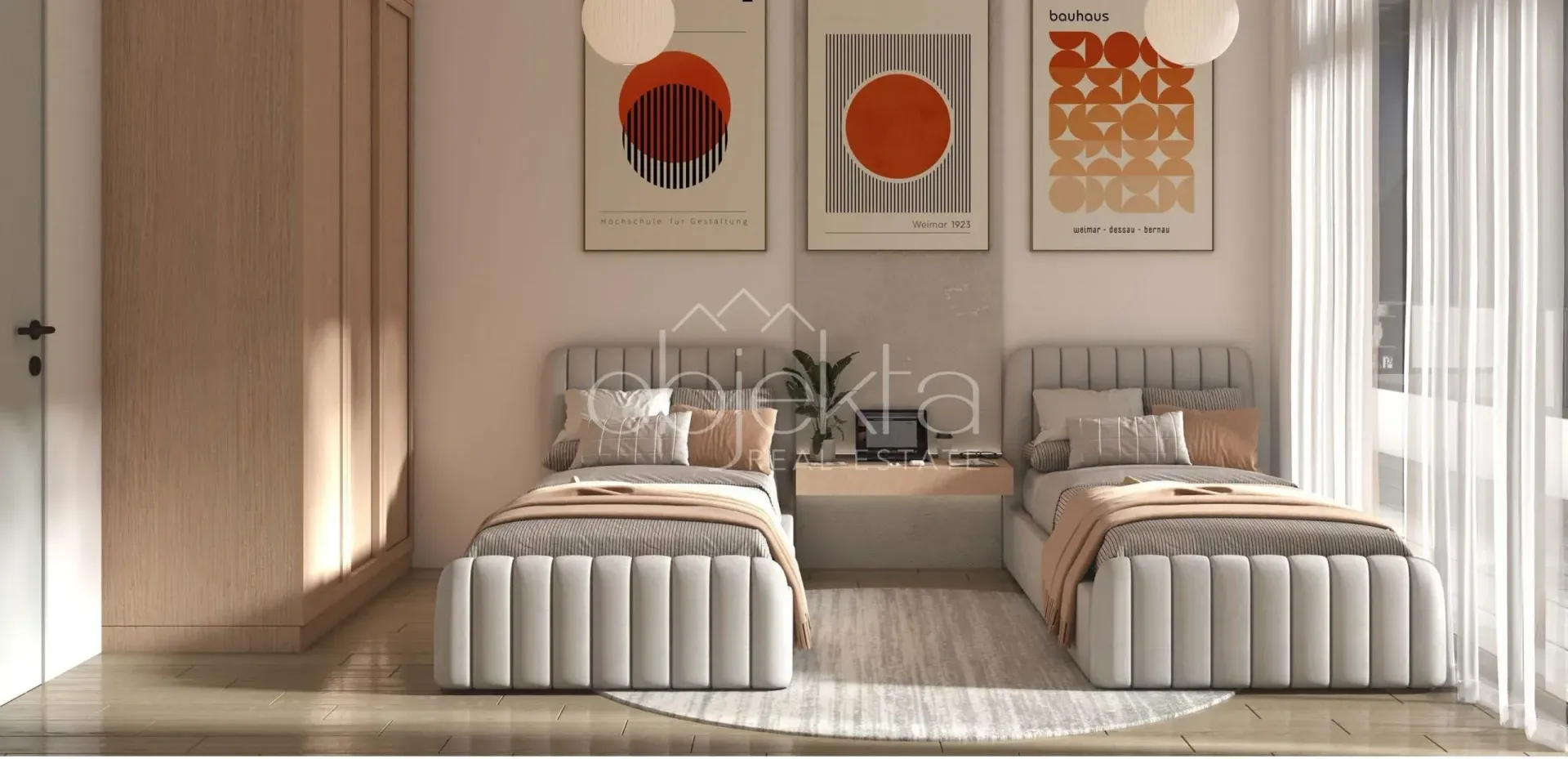 Modern bedroom with two single beds and a wardrobe.