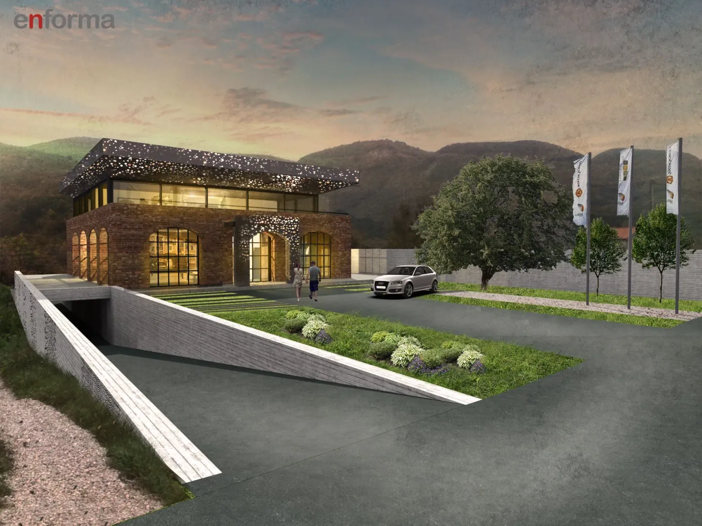 Exterior view of a modern commercial building with parking and an underground garage.