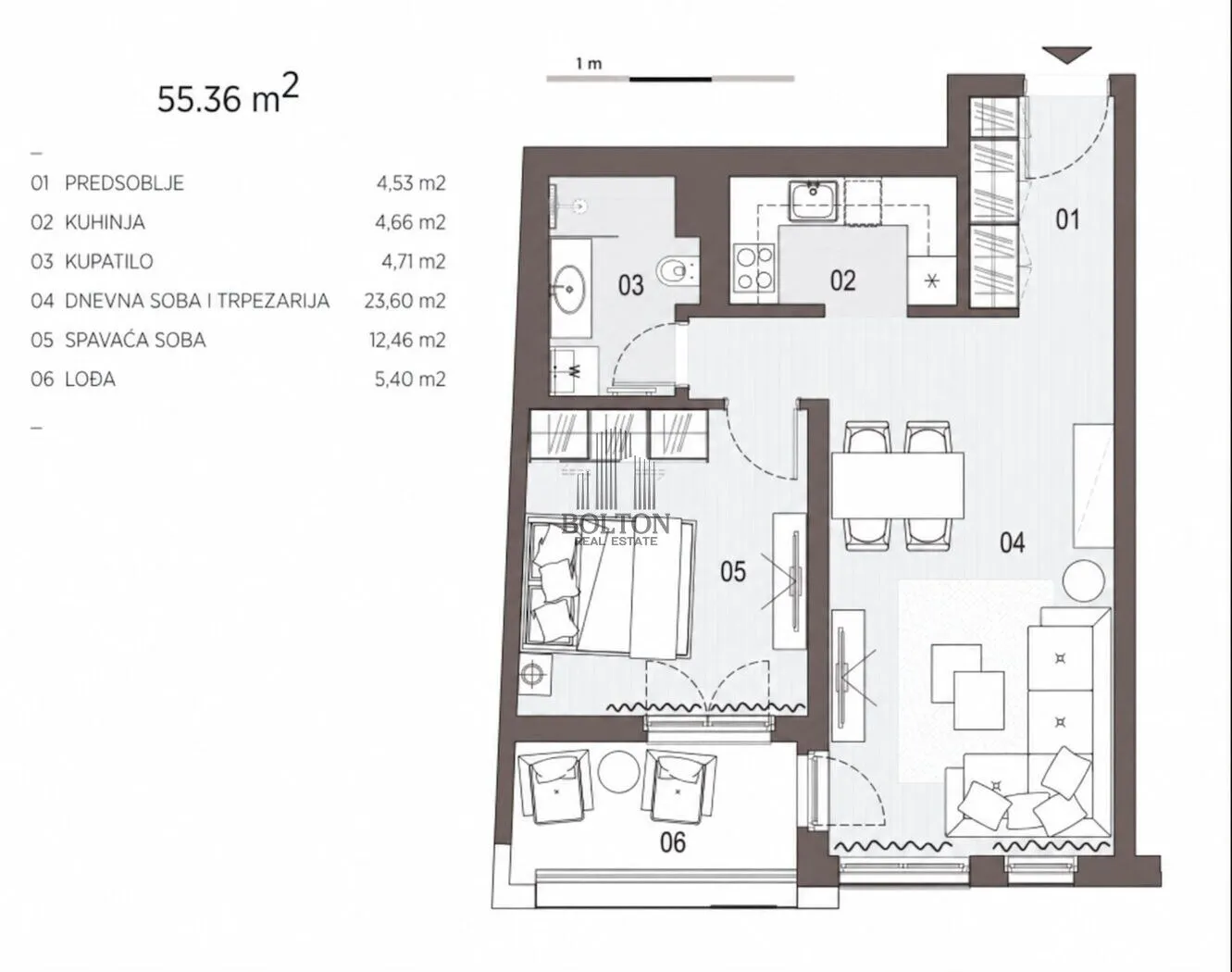 Osnova stana površine 55,36 m2 sa rasporedom prostorija.
