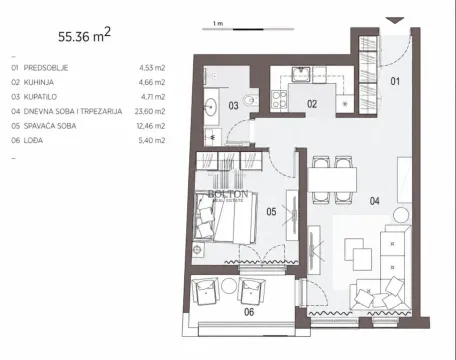 Osnova stana površine 55,36 m2 sa rasporedom prostorija. - image 9