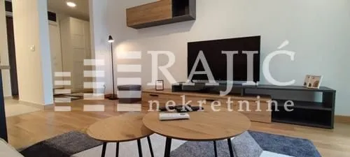 Modern living room with furniture, television, and coffee tables.