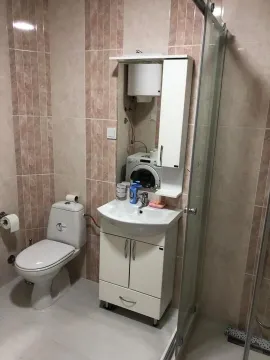 Small bathroom with a sink, toilet, and shower cabin. - image 12