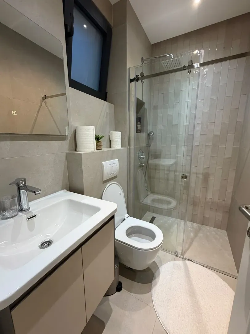 Modern bathroom equipped with a walk-in shower and sink.