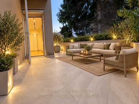 Furnished terrace with seating furniture and lighting at dusk. - image 3