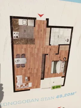 Floor plan of the apartment with room layout and furniture. - image 2