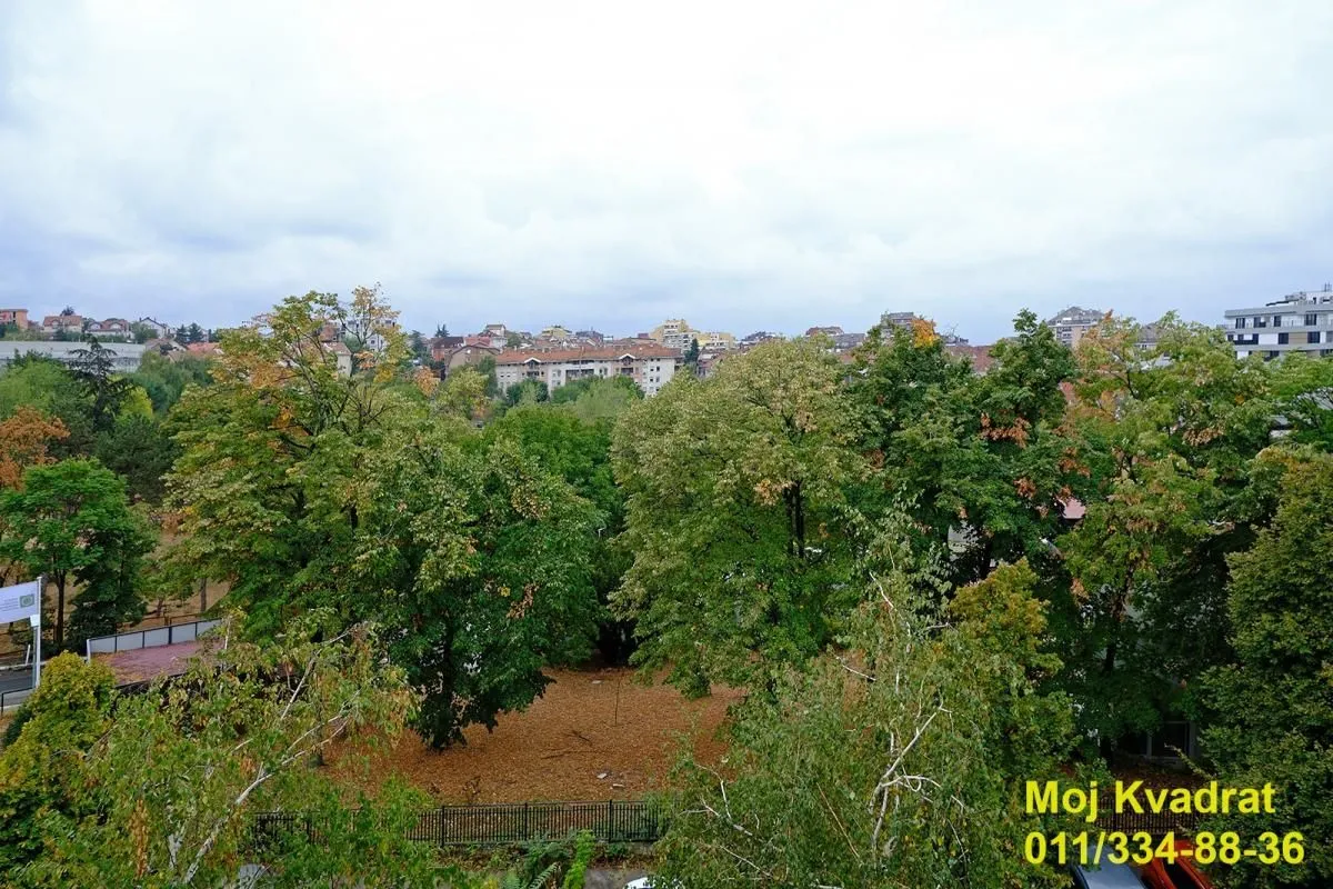 Pogled sa prozora na drveće i gradsko naselje.