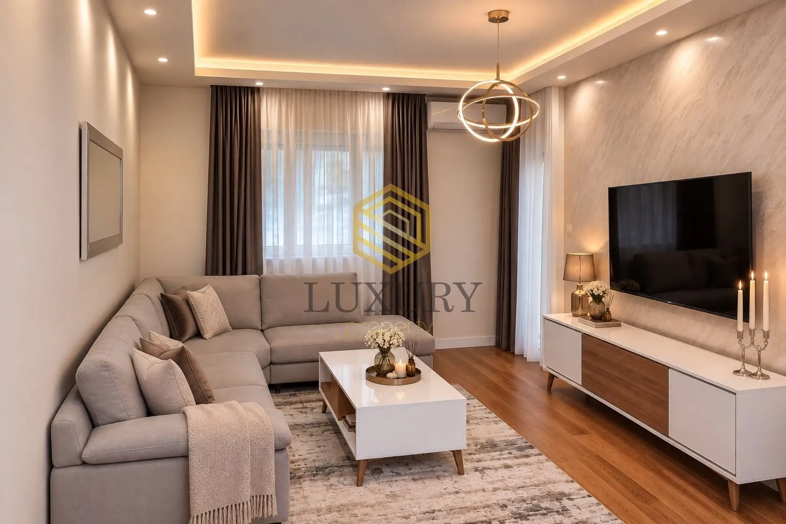 Modern and bright living room with a sectional sofa and television.