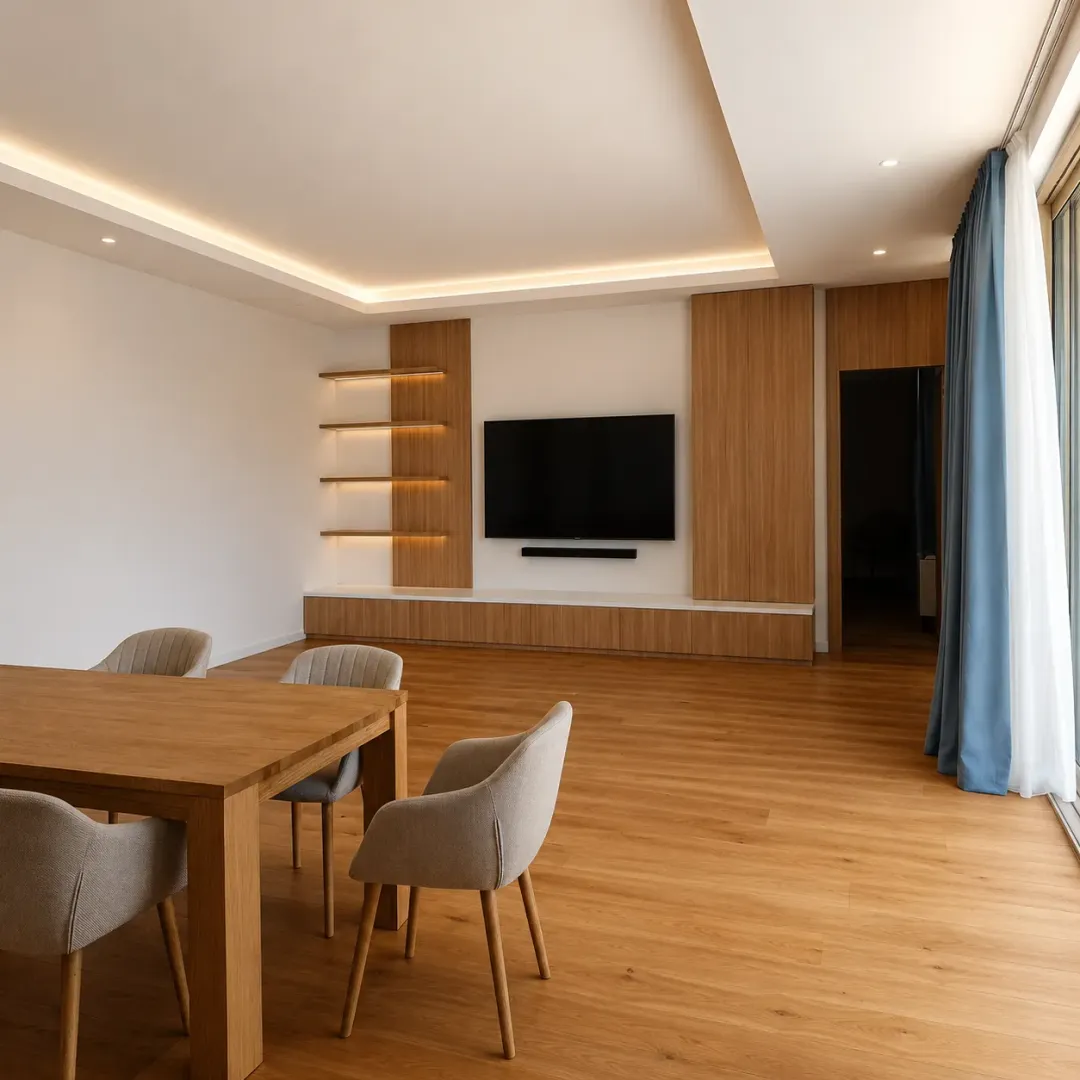 Spacious living room with wooden flooring, a dining table, and a TV wall panel.