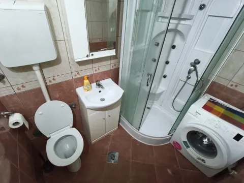 Compact bathroom equipped with a shower cabin, washbasin, toilet, and washing machine. - image 4