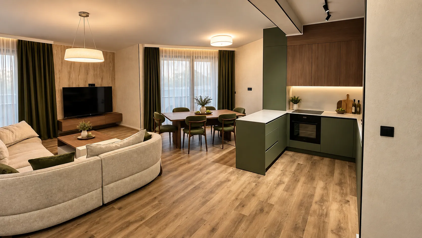Modern living room interior with a kitchen and dining area.
