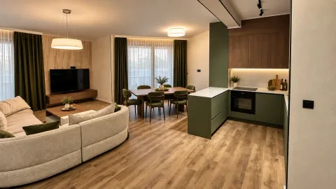 Modern living room interior with a kitchen and dining area. - image 2