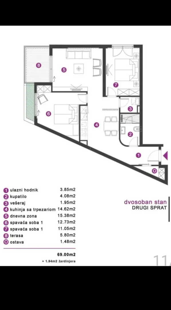 Floor plan of a two-room apartment with room layout and square footage.