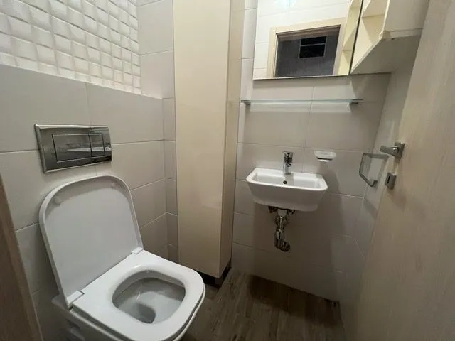 Malo kupatilo sa toaletnom šoljom i umivaonikom.