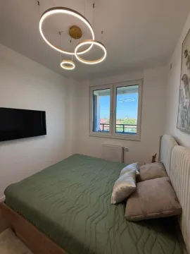 Spavaća soba sa bračnim krevetom, TV-om i modernim lusterom. - image 11