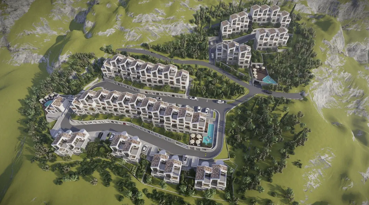 Prikaz 3D vizuelizacije kompleksa stambenih objekata u brdovitom predjelu.