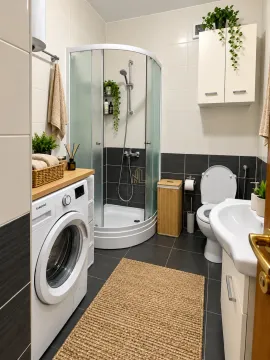 Modern bathroom with a shower cabin, washbasin, toilet, and washing machine. - image 5