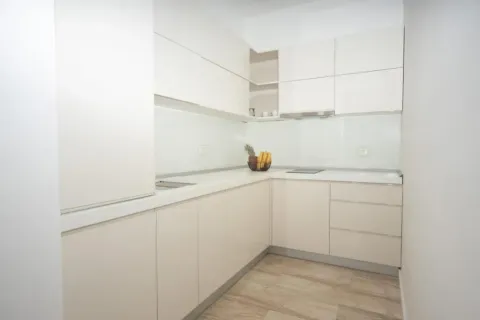 Modern kitchen with white cabinetry and wooden flooring. - image 12