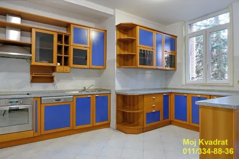 Kuhinja sa drvenim elementima i plavim vratima ormarića. - image 4