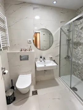 Savremeno opremljeno kupatilo sa tuš kabinom, umivaonikom i ugradnom wc šoljom. - image 7