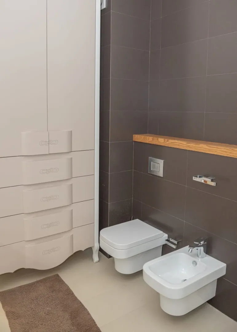 Modern bathroom with sanitaryware and a built-in cabinet.