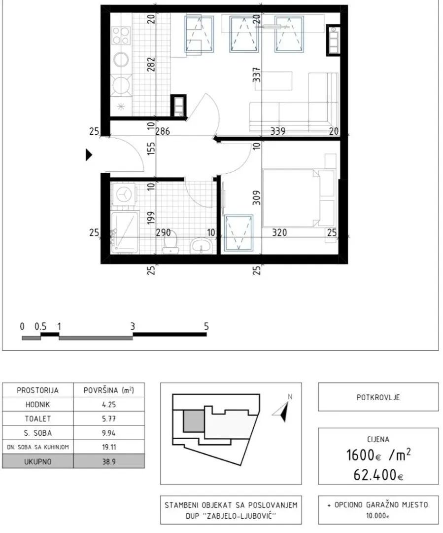 Prodaja, jednosoban stan, 39m², Zabjelo, Podgorica