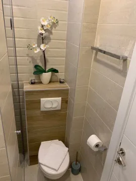 Manje kupatilo sa ugradnom šoljom i dekorativnim detaljima. - image 6