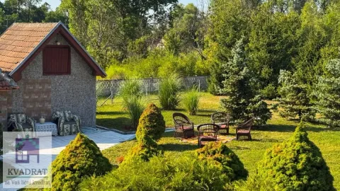 Pogled na uređeno dvorište sa travnjakom, četinarima i prostorom za sedenje ispred kuće. - image 32