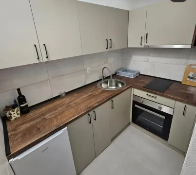 Small equipped kitchen with a wooden countertop and built-in appliances. - image 3
