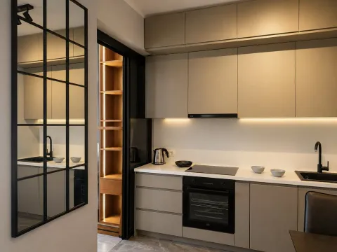 Moderna kuhinja u bež tonovima sa ugradnim uređajima i crnim detaljima. - image 6