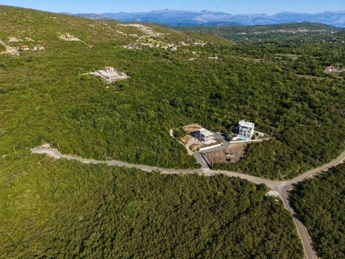 Pogled iz vazduha na kuće okružene zelenilom i prirodom.