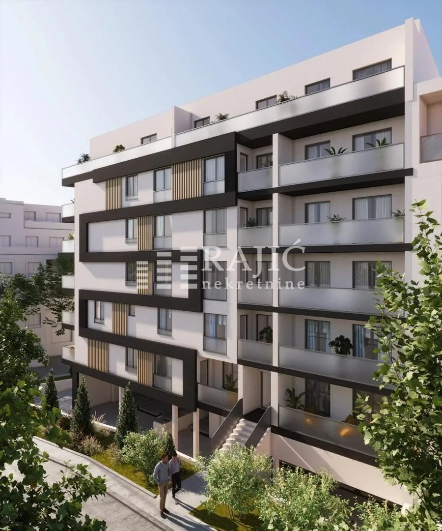 Spoljašnji izgled moderne stambene zgrade sa terasama i uređenim okruženjem.
