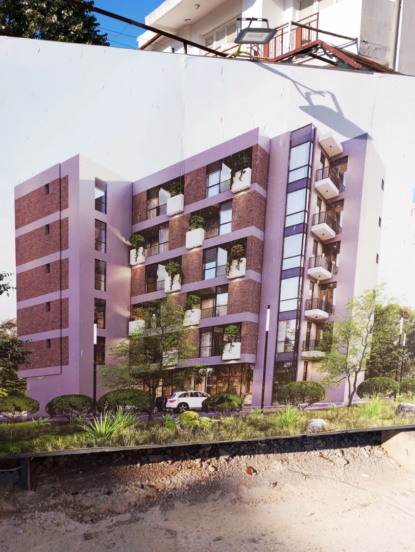 Architectural render of a residential building with terraces and landscaped courtyard.