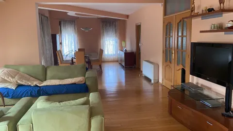 Dnevna soba sa zelenom garniturom, televizorom i trpezarijskim stolom u pozadini. - image 3