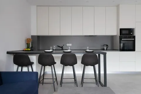 Modern kitchen with white cabinetry, a breakfast bar, and black bar stools. - image 5