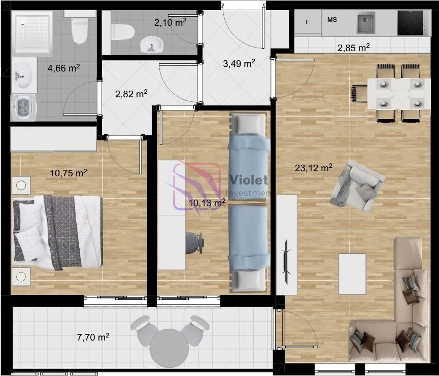 Two-dimensional floor plan of the apartment with room layout and furniture.