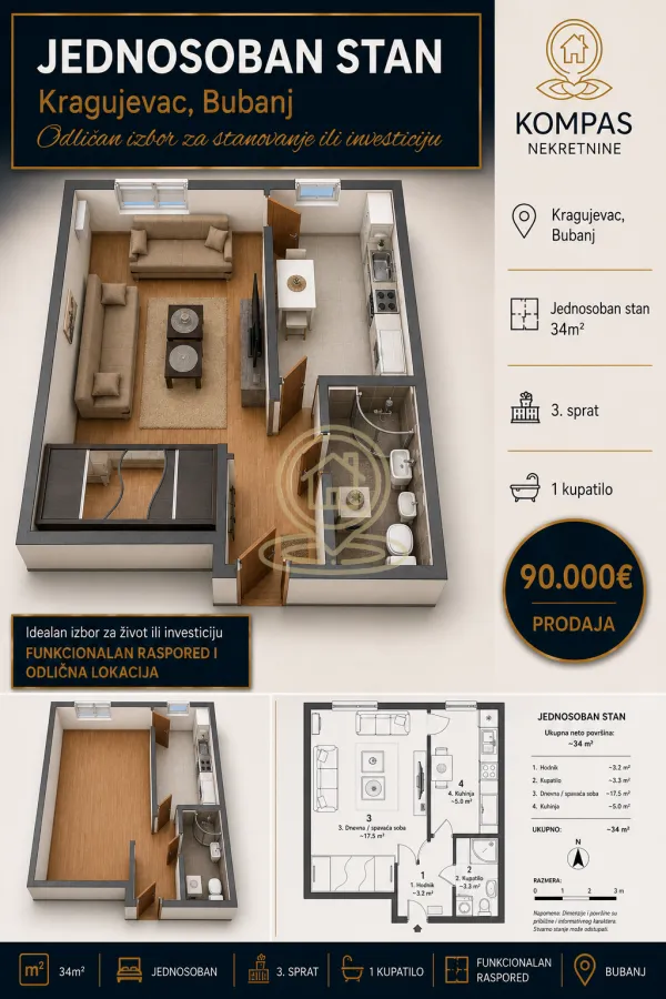 Sale, one bedroom apartment, 34m², Bubanj, Kragujevac