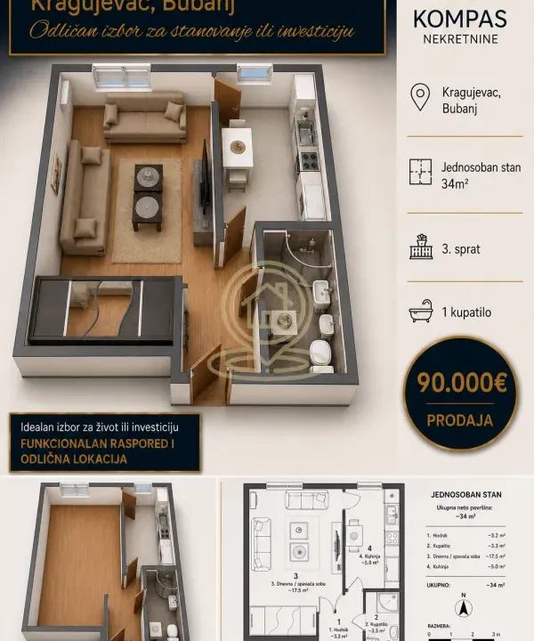 Sale, one bedroom apartment, 34m², Bubanj, Kragujevac