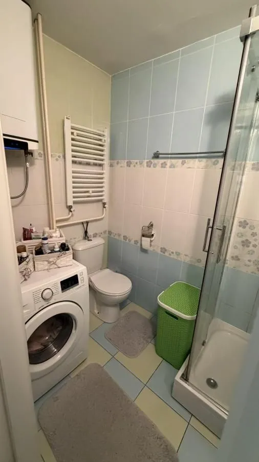 Manje kupatilo sa tuš kabinom, veš mašinom i toaletom.