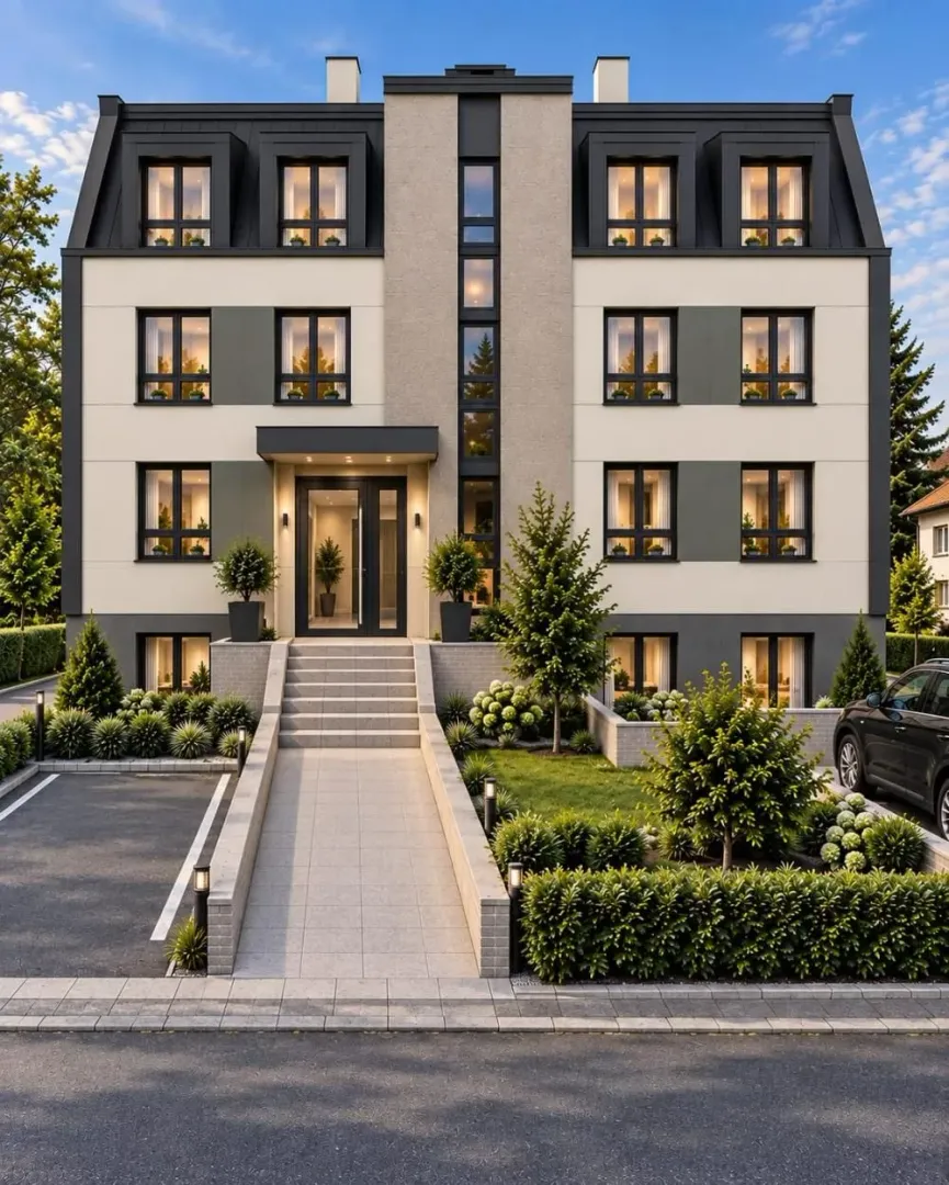 Front view of a modern residential building with a landscaped yard and parking.