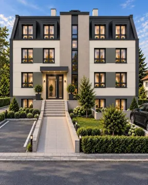 Front view of a modern residential building with a landscaped yard and parking. - image 2