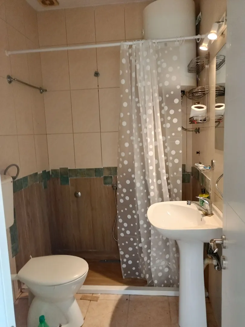 Manje kupatilo sa umivaonikom, WC šoljom i tuš kabinom sa zavjesom.
